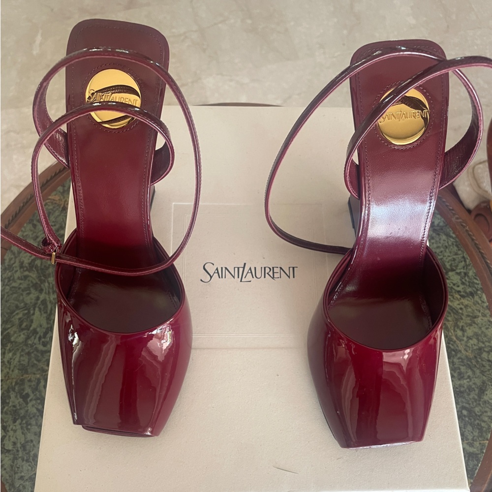 Saint Laurent Le Scandale Patent Leather Burgundy Wedge Heels — brand new!